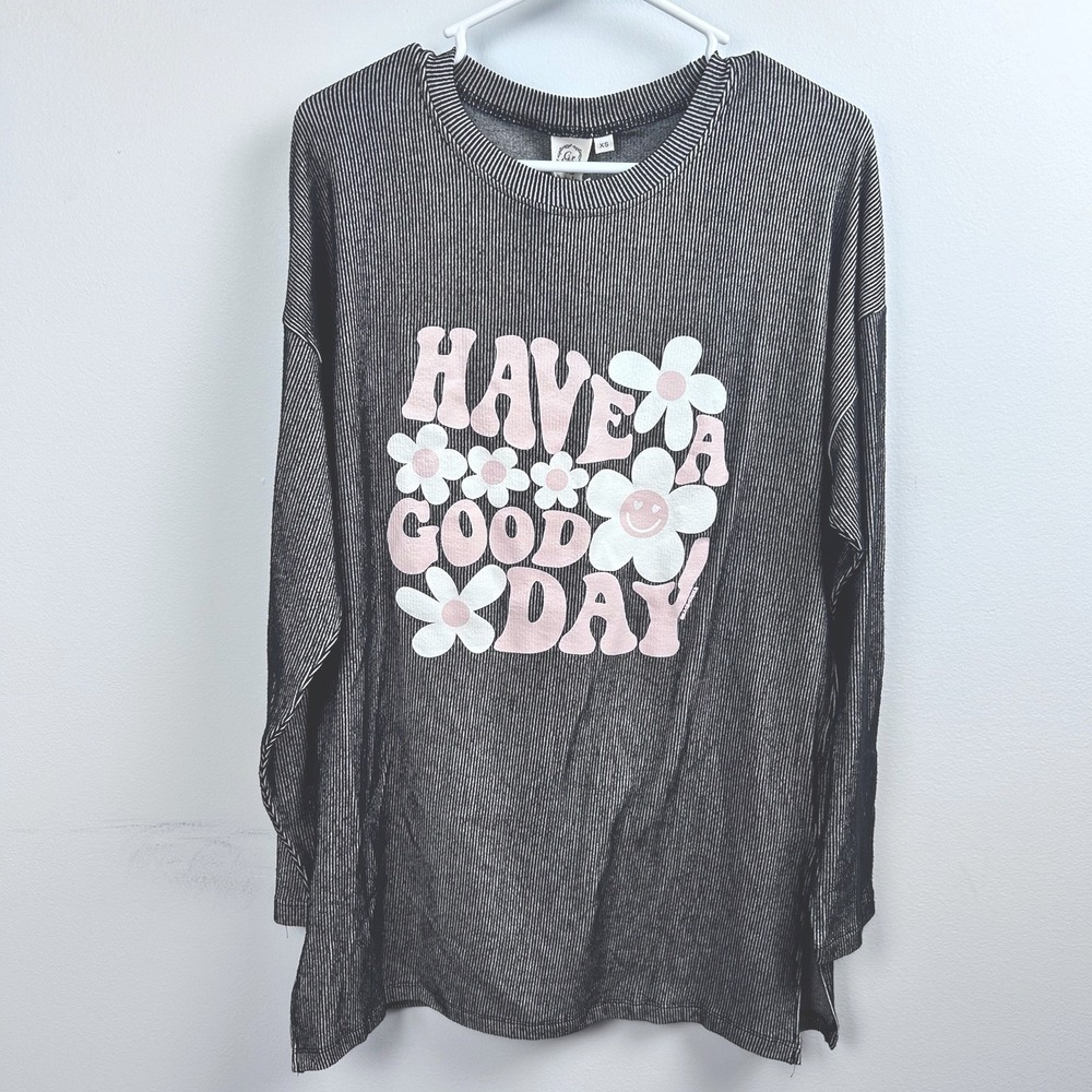 Grace & Emma "Have a Good Day" OVERSIZED Top XS Gray Ribbed Long Sleeve Boho